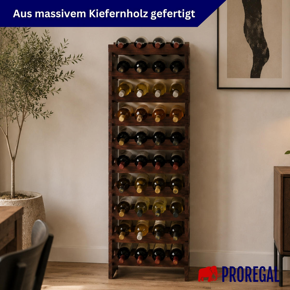 WEINREGAL NAVARRA aus Holz 135x46x28cm 40 Flaschen auf 10 Ebenen Braun geölt - Braun, Holz (46/135/28cm) - PROREGAL