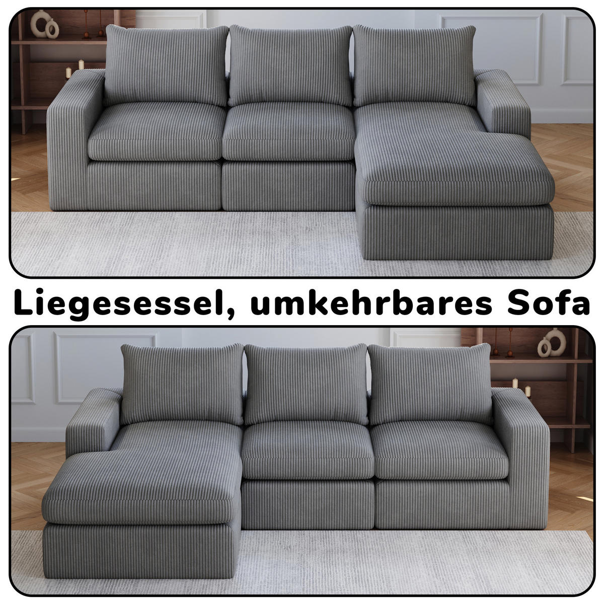 ECKSOFA 251/160/81 cm dunkelgrau aus Cord mit Chaiselongue, 4 Modulen und Kissen - Dunkelgrau, Textil (160/251cm) - OKWISH