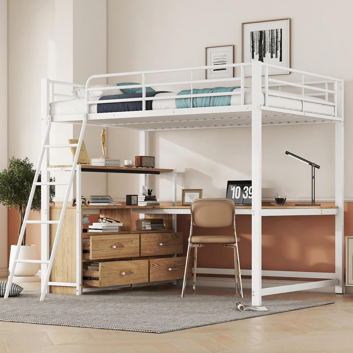 HOCHBETT aus Metall und MDF 140x200 cm Weiß mit L-förmigem Schreibtisch und 4 Schubladen - Weiß, Holzwerkstoff (140/200cm) - Modfu