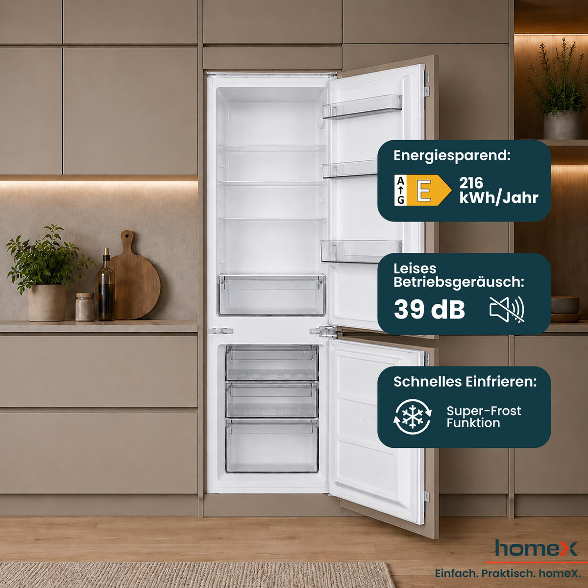 KÜHL-GEFRIER-KOMBINATION Einbau, 178cm Nische, 249 Liter, Schlepptürtechnik, Einbaukühlschrank mit Gefrierfach, CFB2491E - Weiß, Glas/Kunststoff (54/178/54cm) - homeX