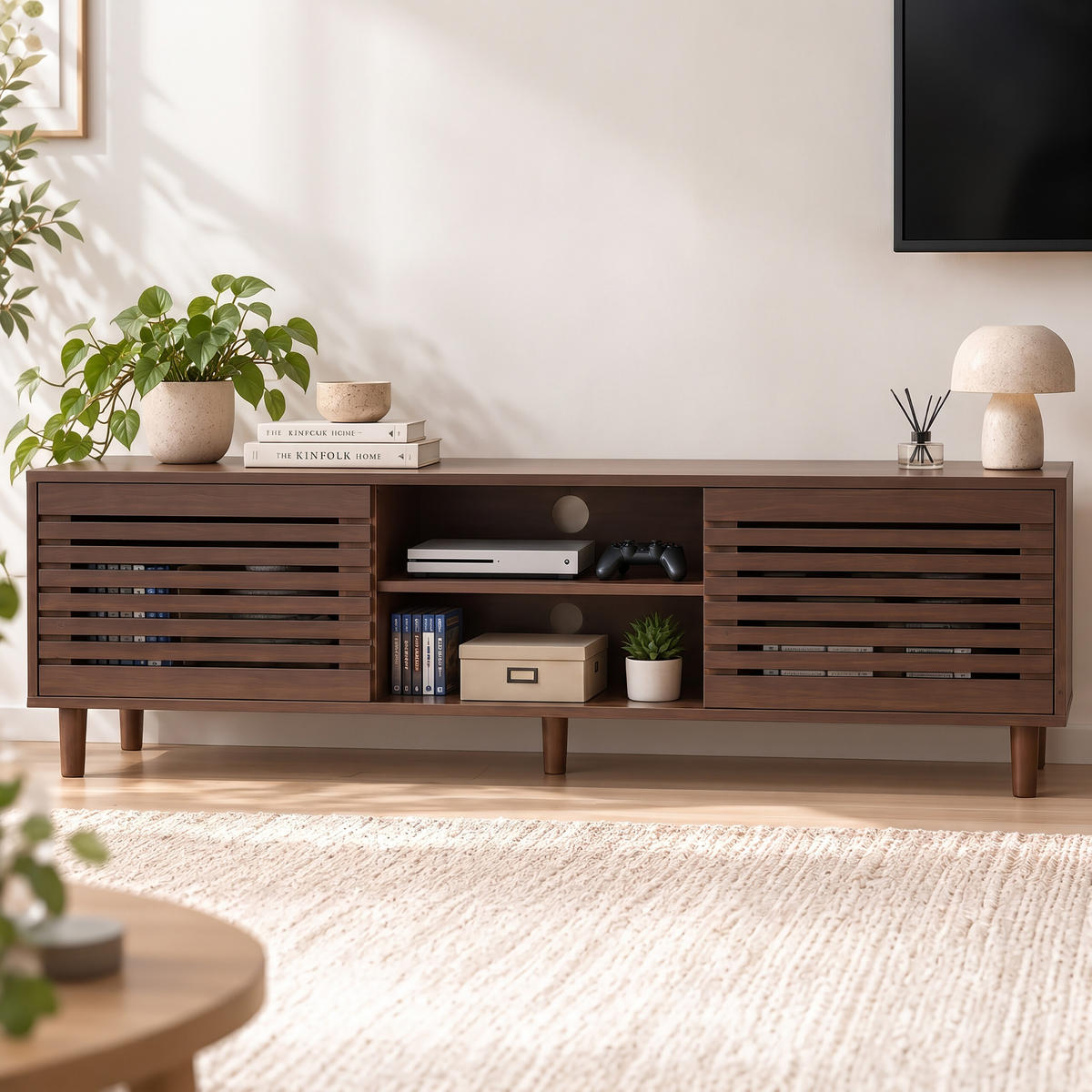 TV-LOWBOARD Dunkelbraun Holzoptik 2 Schiebetüren 140 cm - Dunkelbraun, Holz/Holzwerkstoff (140/49/40cm) - Relaxdays
