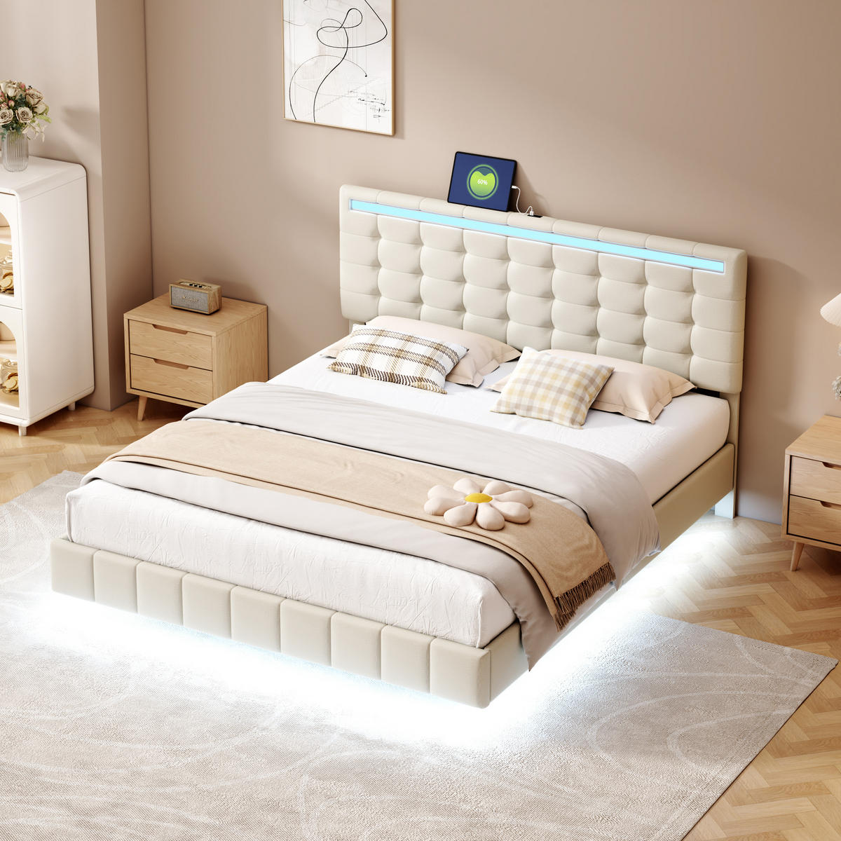 POLSTERBETT 140x200 cm LED schwebend Lattenrost beige - Beige, Holz (140/200cm) - LEBENLANG