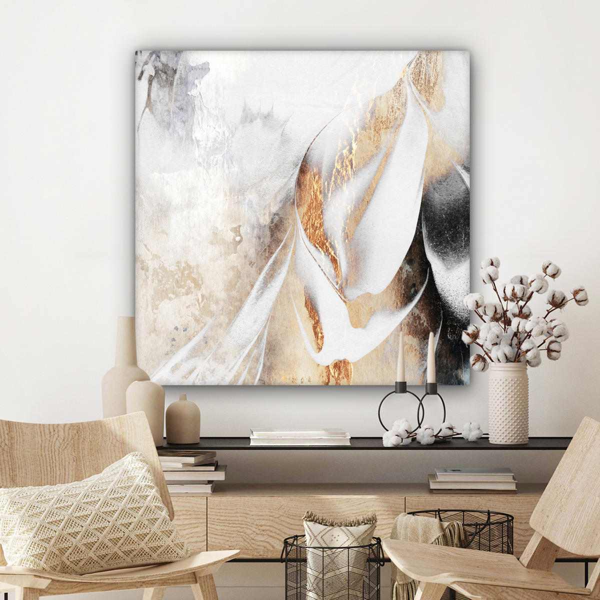 LEINWANDBILD Luxus - Abstrakt - Gold - Weiß 90x90 cm - Goldfarben, Textil (90/90cm) - MuchoWow