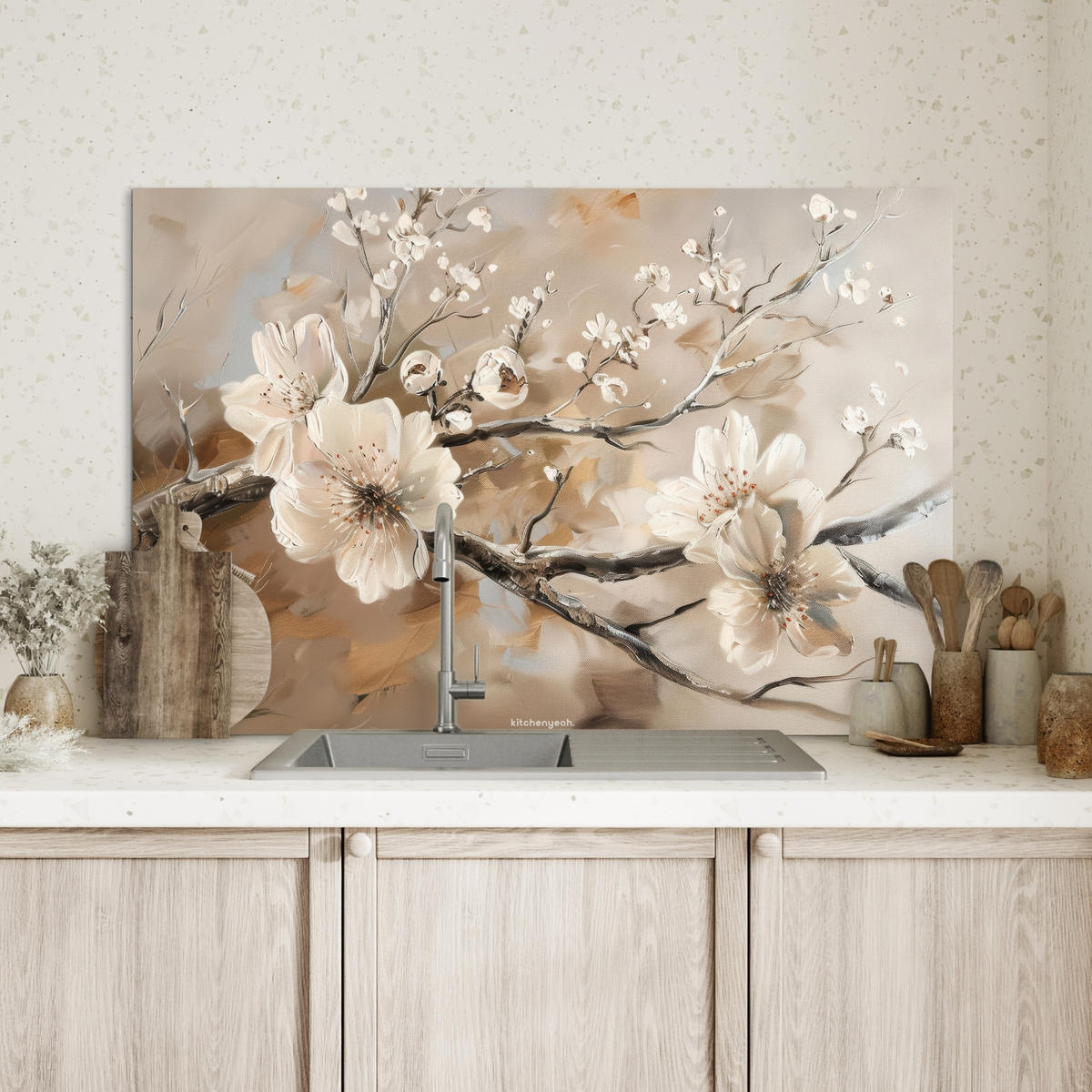 SPRITZSCHUTZ KÜCHE Blumen - Abstrakt - Gemalt - Beige 80x55 cm - Greige, Metall (80/0.3/55cm) - MuchoWow