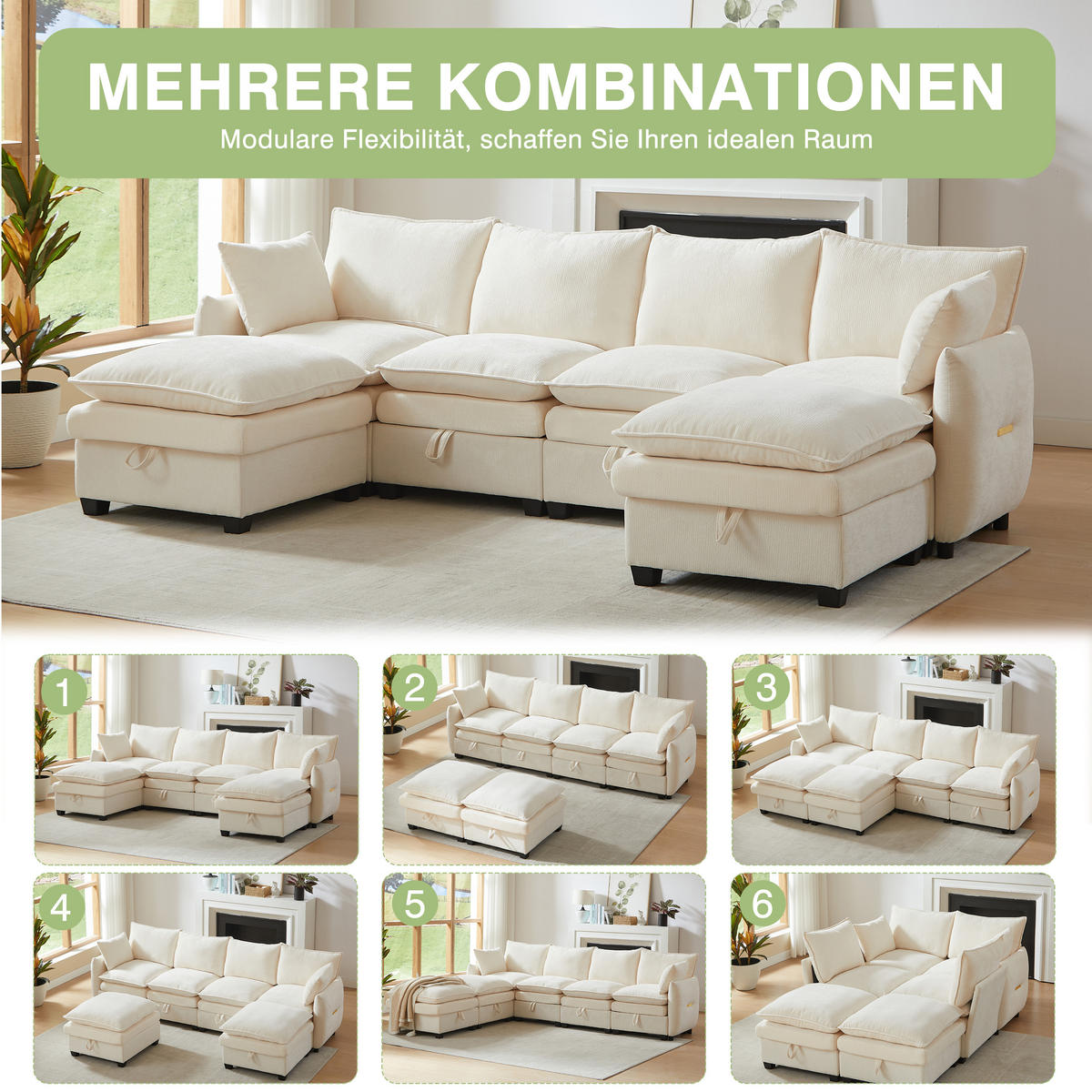 WOHNLANDSCHAFT 281/147/89 cm Beige mit 2 Fußhocker - Beige, Textil (281/89/147cm) - Oxeza