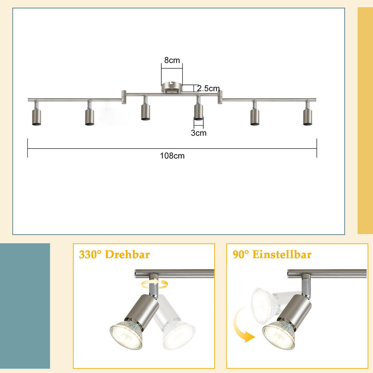 DECKENSTRAHLER Flammarion 8/15/108 cm - Alufarben, Metall (108/8/15cm) - ZMH