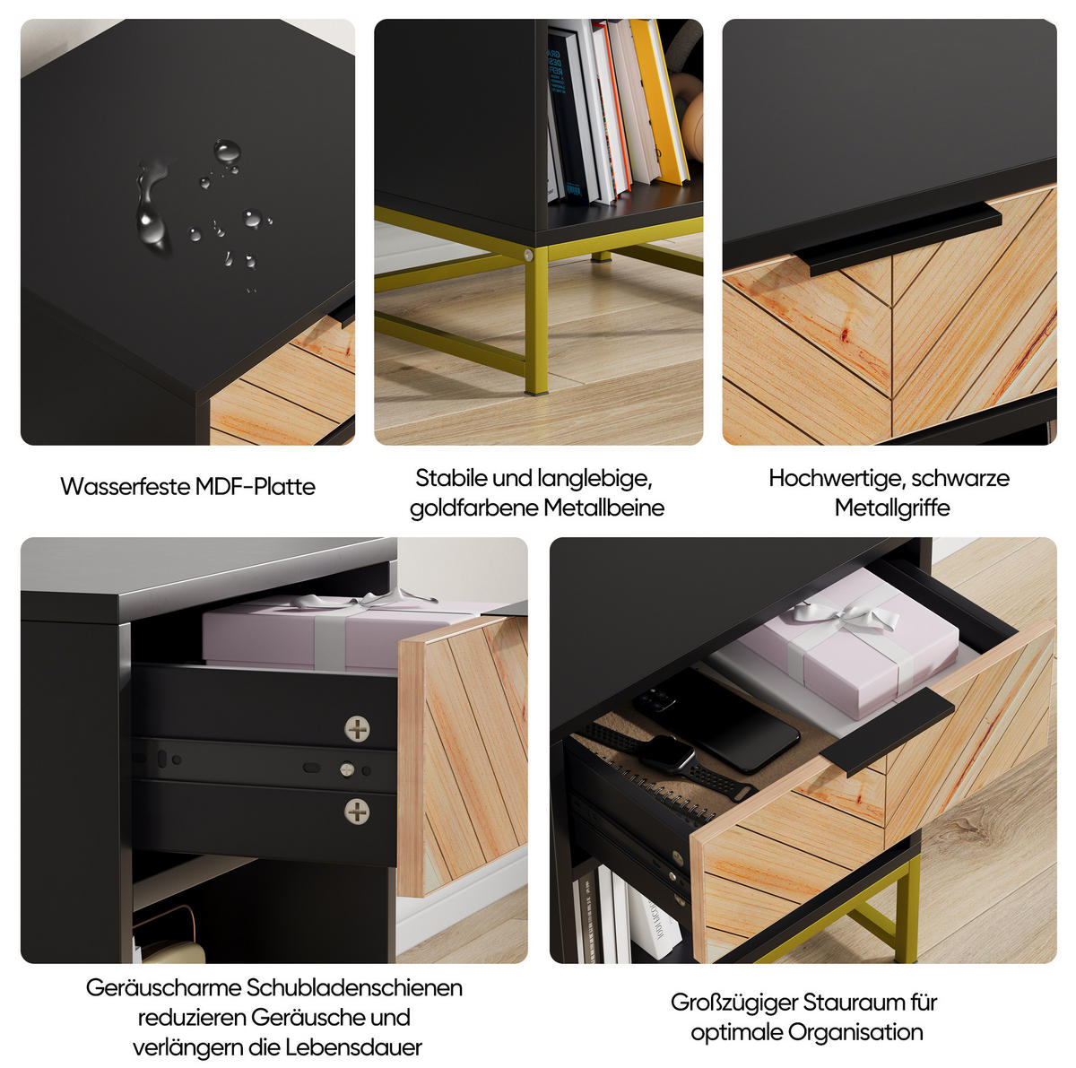 NACHTTISCH 43/40/55 cm mit Schublade & offenem Fach in Schwarz/Natur - Hellbraun, Holzwerkstoff (40/55/43cm) - BEAOK