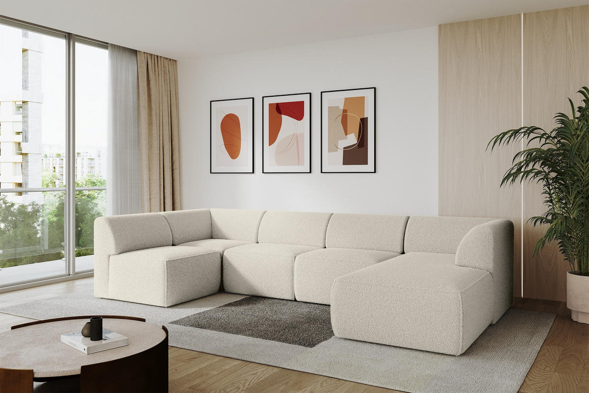 WOHNLANDSCHAFT Ottomane Rechts MOVO-L 345x180x78 cm Beige Bouclé - Sandfarben/Beige, Holzwerkstoff/Kunststoff (345/78/180cm) - ALTDECOR