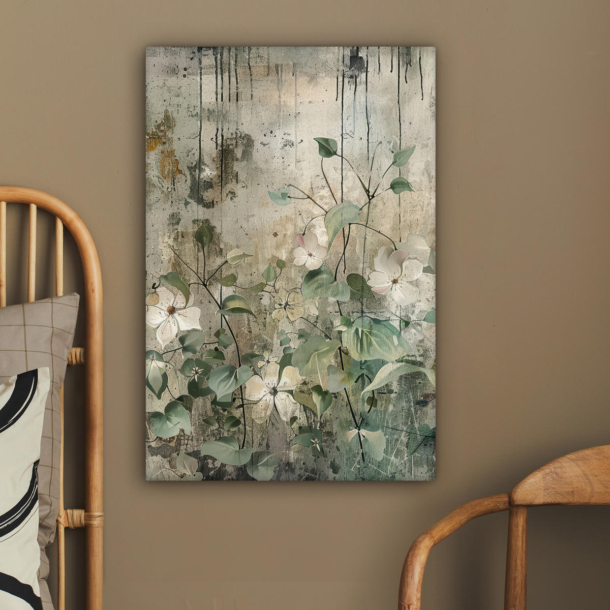 LEINWANDBILD - Blumen - Blätter - Abstrakt - Modern - 60x90 - Kunstdruck - Grau, Textil (60/90cm) - MuchoWow
