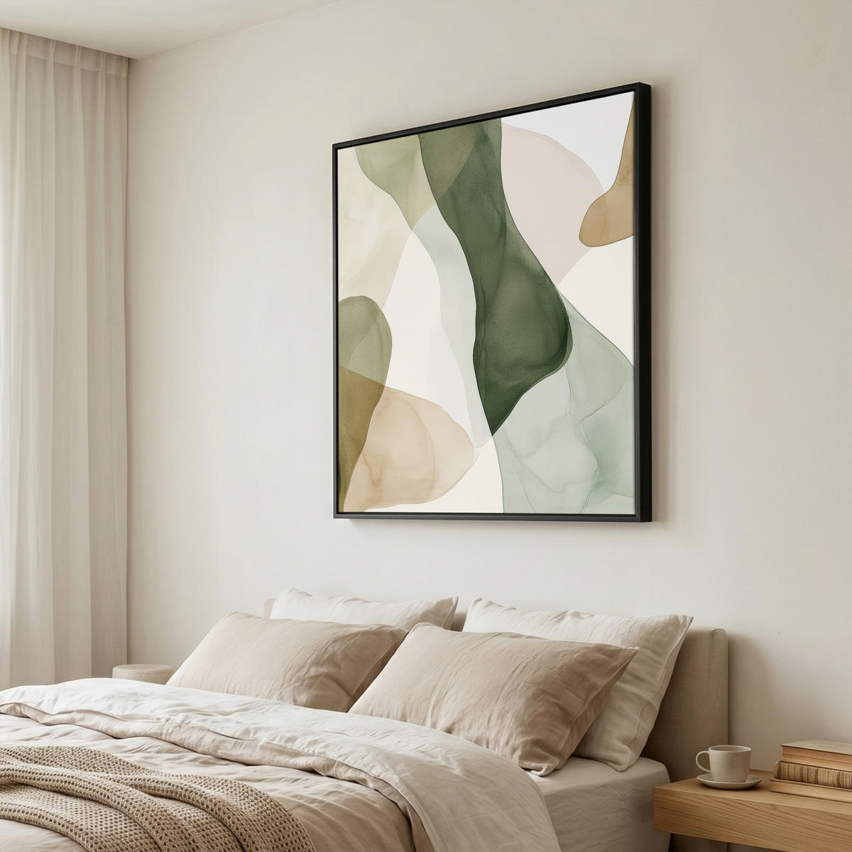 LEINWAND Bilder mit Rahmen - Japandi - Abstrakt - Grün - 90x90 - Salbeigrün, Textil (90/90cm) - MuchoWow