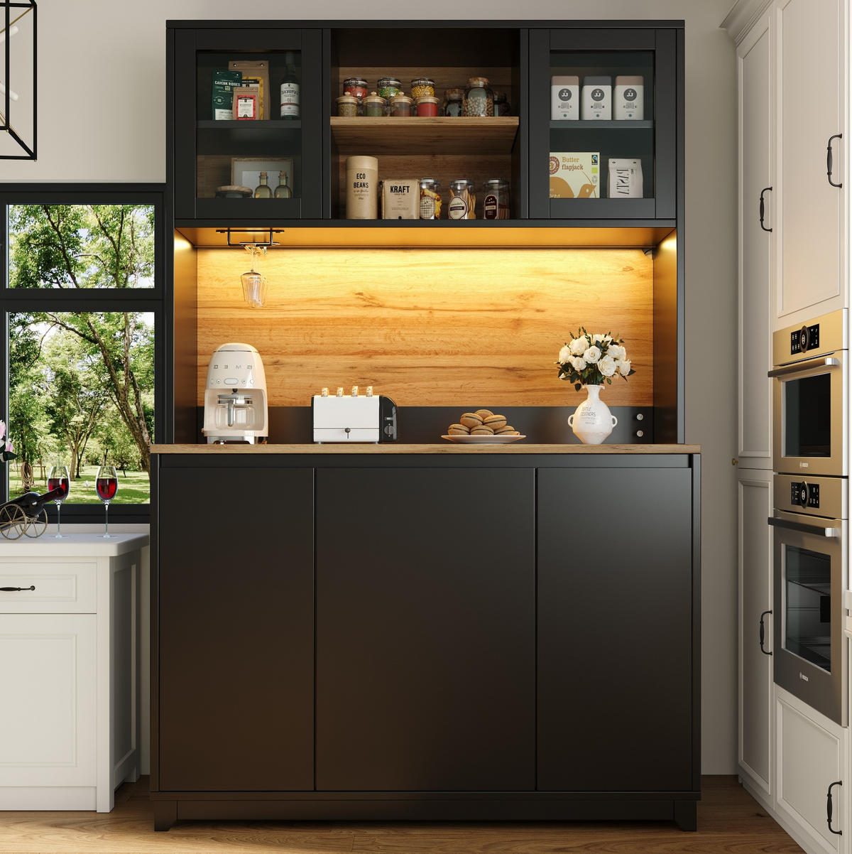 BUFFETSCHRANK 120/40/180 cm mit LED-Beleuchtung, Acryltüren und Abfallfach, Schwarz - Schwarz, Holzwerkstoff (120/180/40cm) - Redom