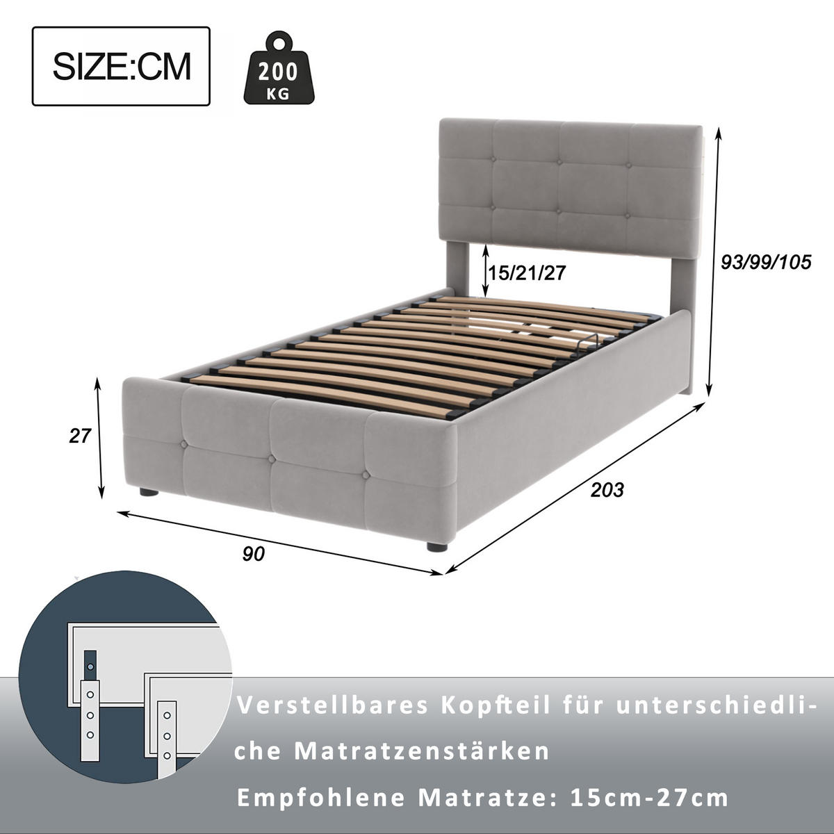KINDERBETT 90/200 cm mit hydraulischem Stauraum und höhenverstellbarem Kopfteil, Grau - Grau, Textil (90/200cm) - OKWISH
