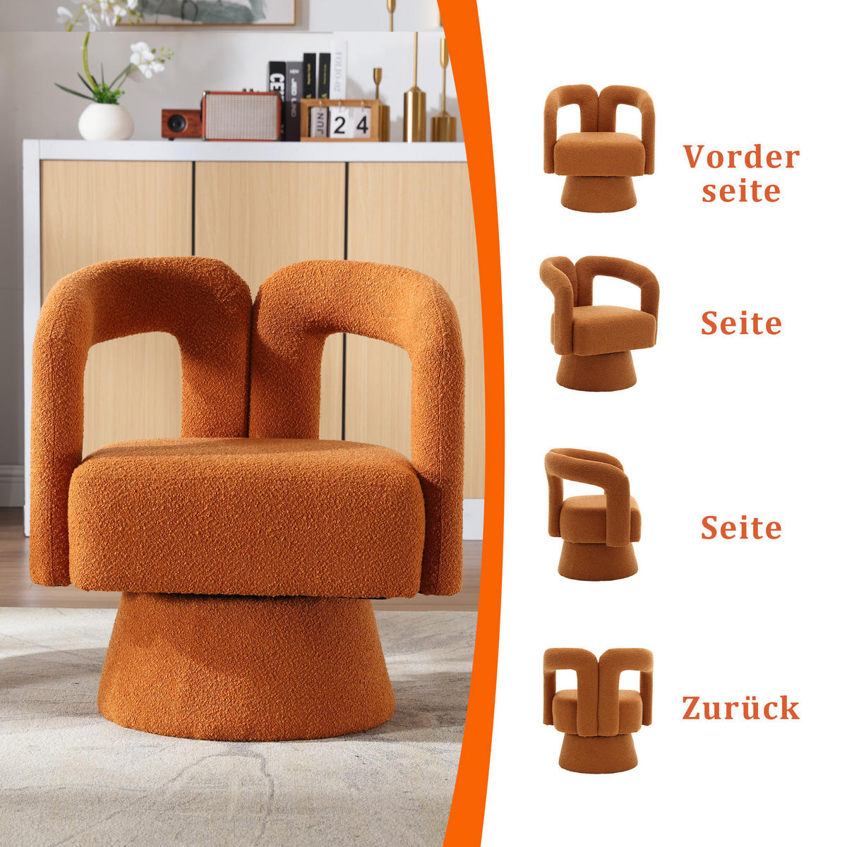 SESSEL Bouclé Orange drehbar - Orange, Holzwerkstoff/Textil (67/74/54cm) - WISHDOR