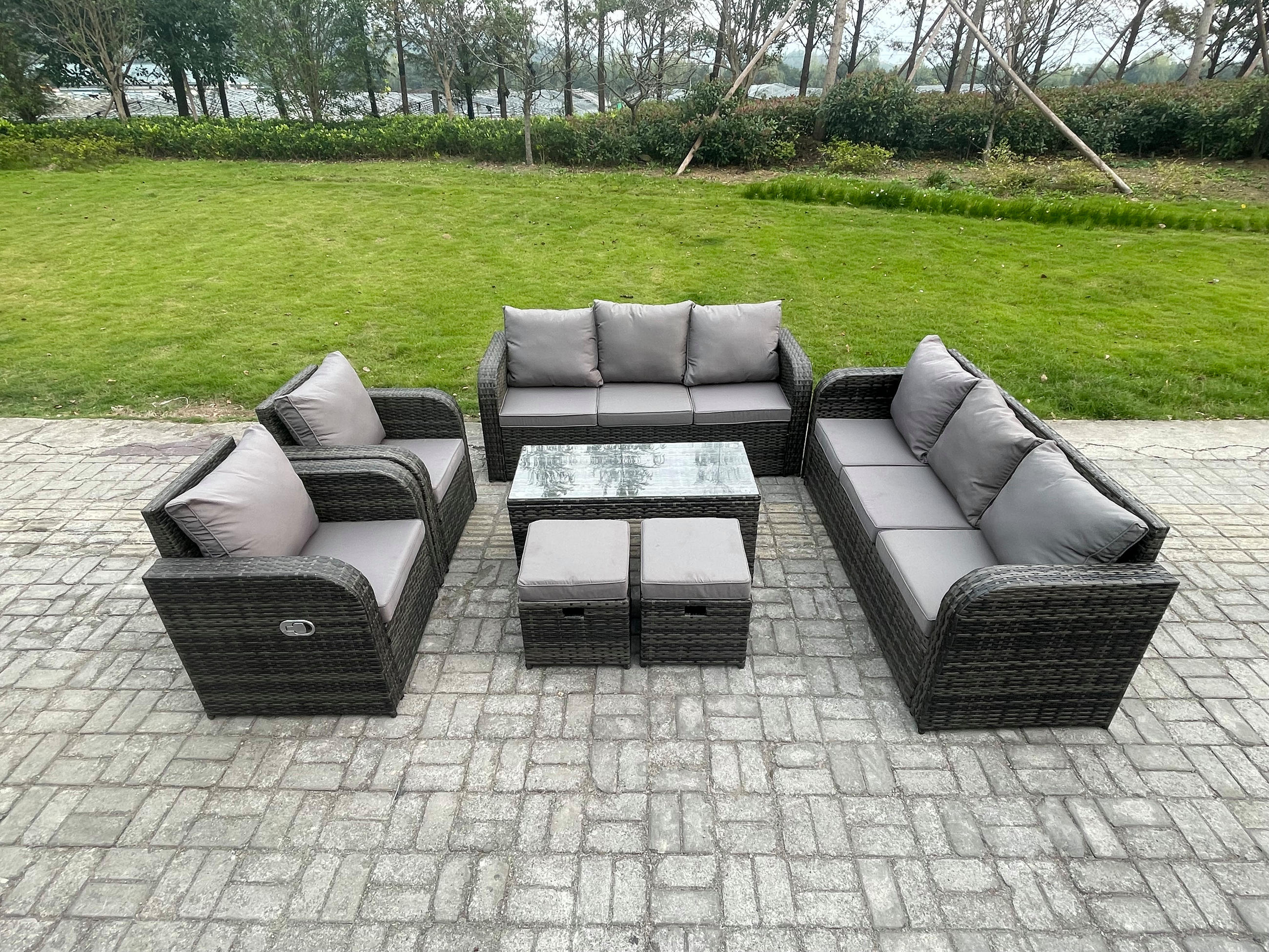 GARTENMÖBEL SET mit Sofa Polyrattan 10-Sitzer Dunkelgrau - Dunkelgrau/Grau, Glas/Kunststoff - Fimous