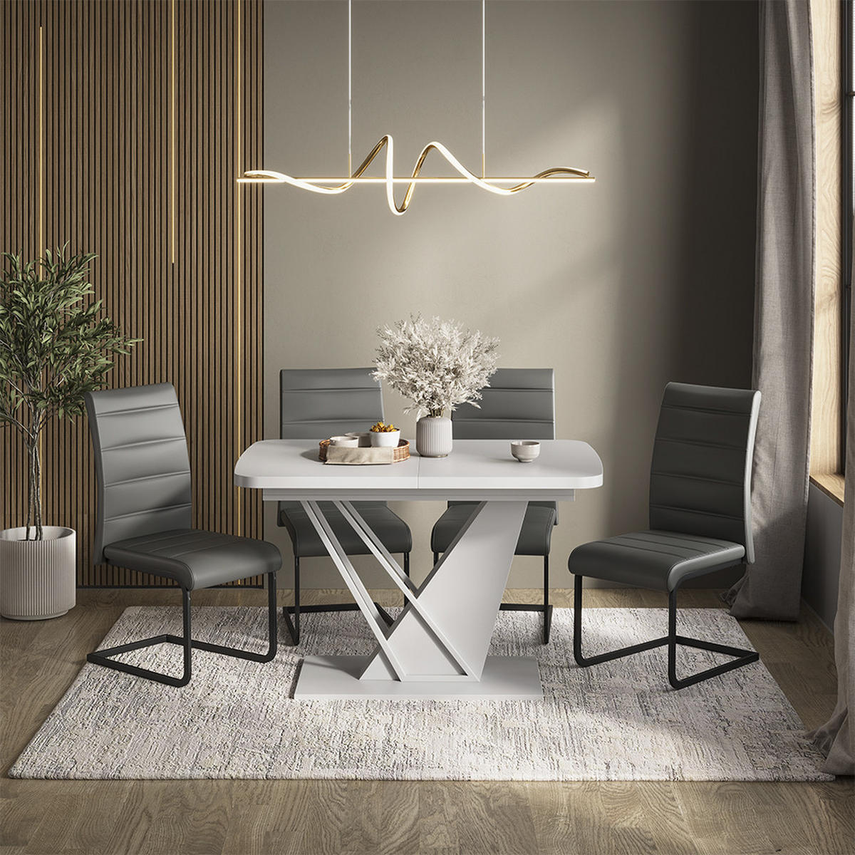 SÚPRAVA JEDÁLENSKÉHO STOLA Fenaro, biely, 120 x 80 cm so 4 jedálenskými stoličkami, šedé - biela, kompozitné drevo (120/76/80cm) - Vicco