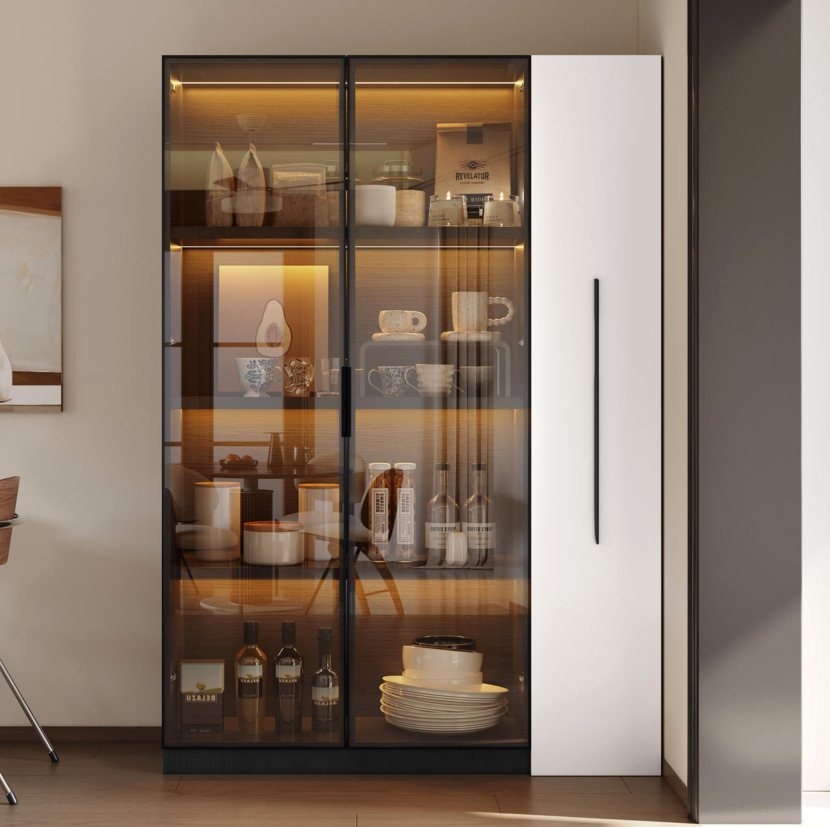 MULTIFUNKTIONSSCHRANK 110,5/35/160 cm aus MDF und Glas mit LED-Vitrine und seitlichem Auszug Schwarz/Weiß - Schwarz/Weiß, Glas/Holzwerkstoff (35/160/110.5cm) - Modenvie
