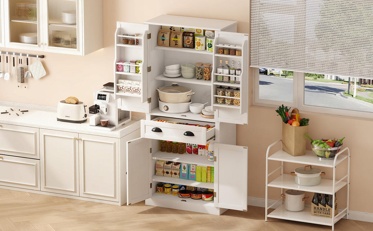 BUFFETSCHRANK, Vorratsschrank mit 4 Türen & 1 Schublade, 4 verstellbare Einlegeböden, Holzwerkstoff, 80/40/182 cm, Weiß - Weiß, Holzwerkstoff (80/182/40cm) - Modfu