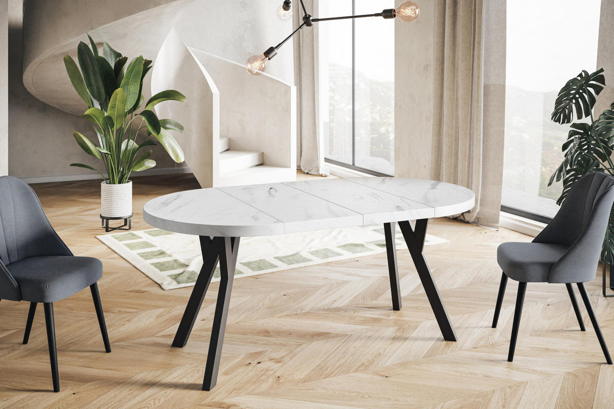 ESSZIMMERTISCH OVO, ausziehbarer Tisch 90 cm bis 190 cm, Farbe: MARMUR, mit Holzbeinen in Farbe Schwarz - Hellgrau/Schwarz, Holzwerkstoff (90/90/77cm) - Alpi-Möbel