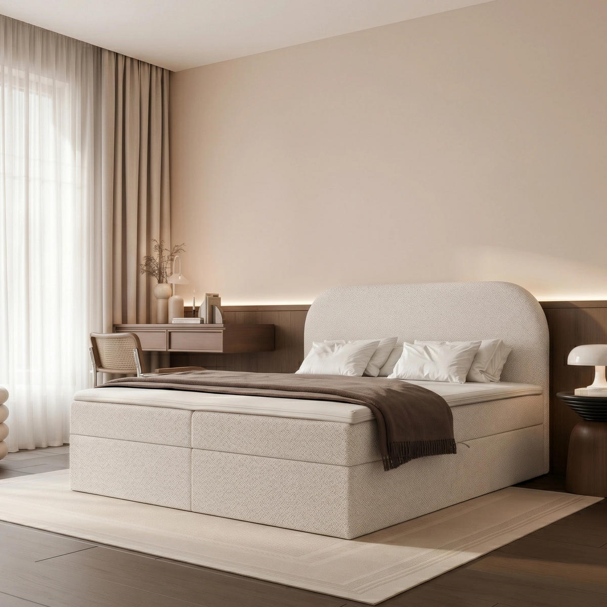 BOXBETT FUZZI 160x200 cm Beige (Stoff Lumi) - mit 2 Bettkästen, Bonellmatratze und weichem Kopfteil - Beige, Holzwerkstoff/Textil (160/200cm) - Ravio