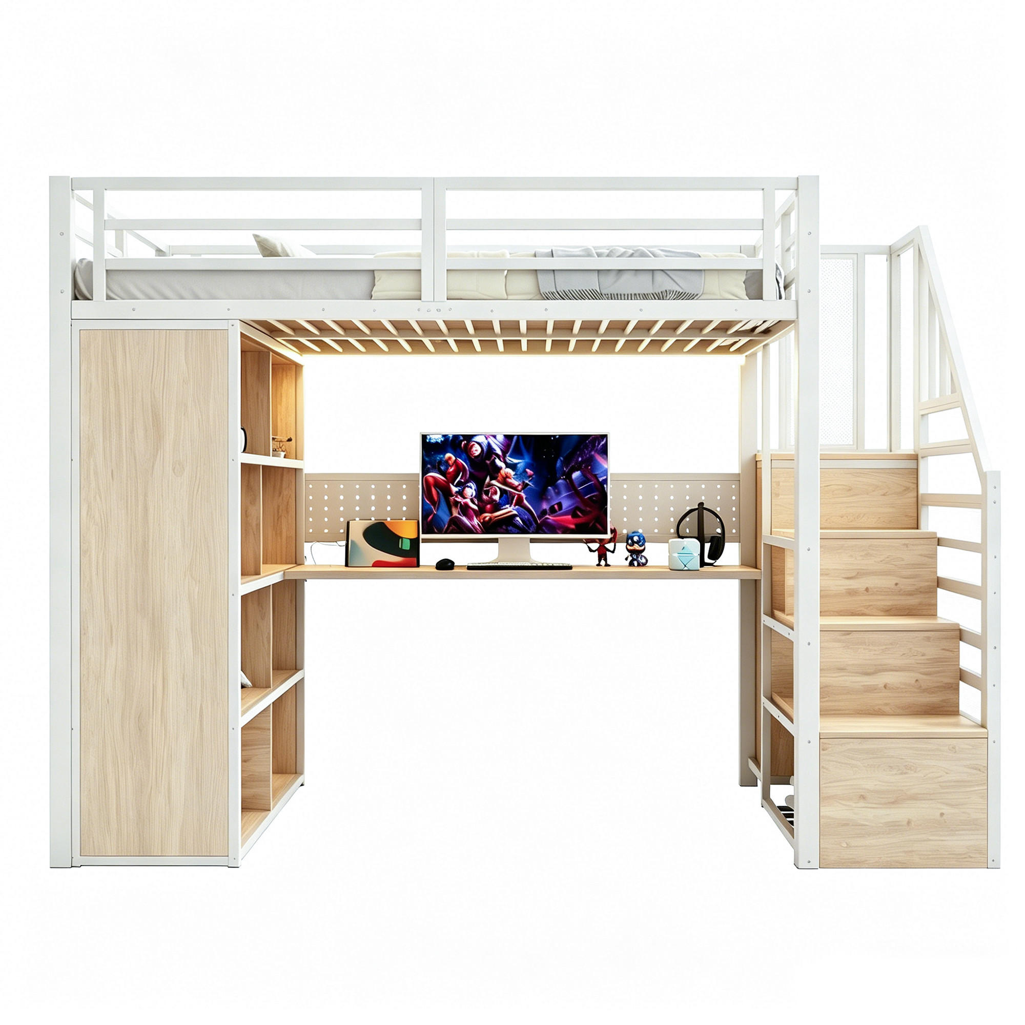VYVÝŠENÁ POSTEL 90x200 cm Bílá Kov Stůl Skříň LED - bílá, kov (90/200cm) - FLIEKS