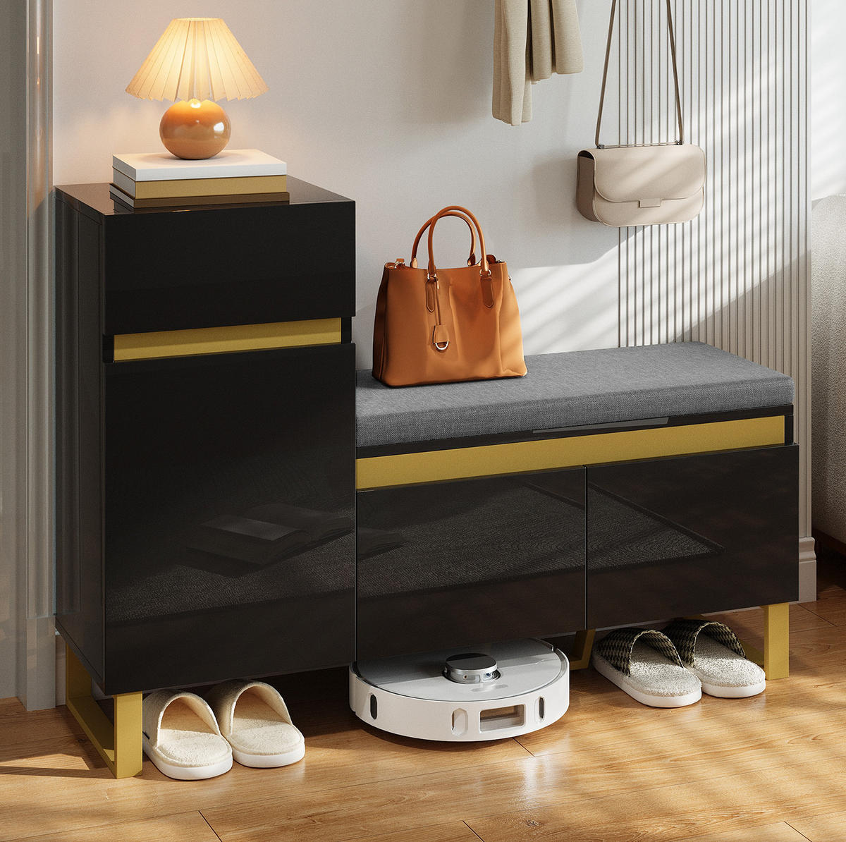 SCHUHSCHRANK 120/35/85 cm mit Sitzkissen, Schublade und Türen, teilweise hochglänzend, Schwarz - Schwarz, Holzwerkstoff (120/85/35cm) - Redom
