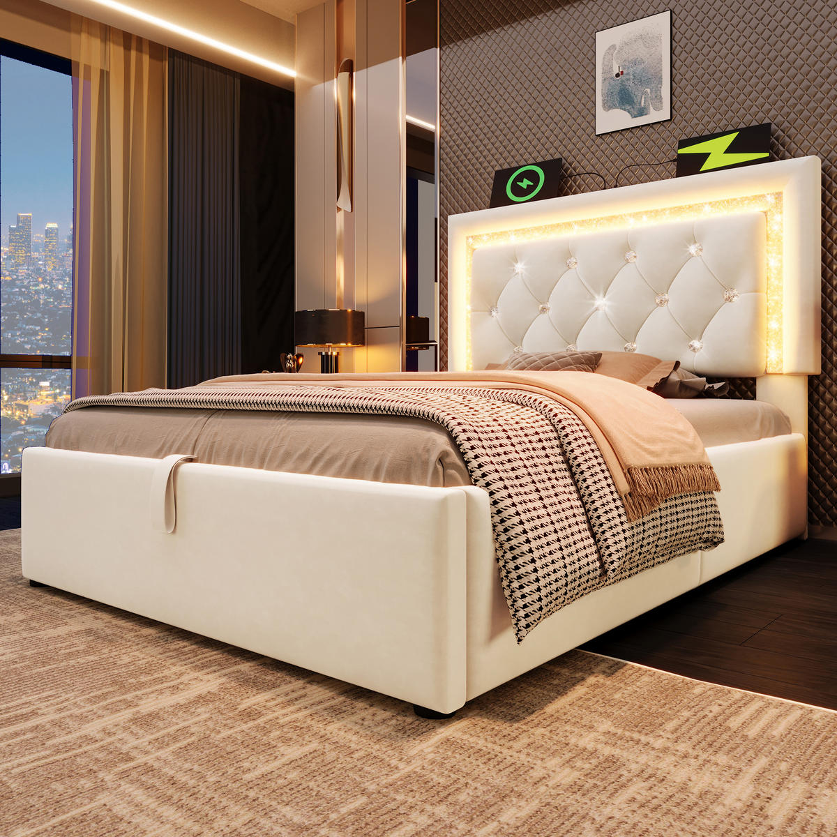 POLSTERBETT 90/200 cm in Beige Samt mit Bettkasten, LED, USB und Type-C - Beige, Holzwerkstoff/Textil (90/200cm) - WISHDOR