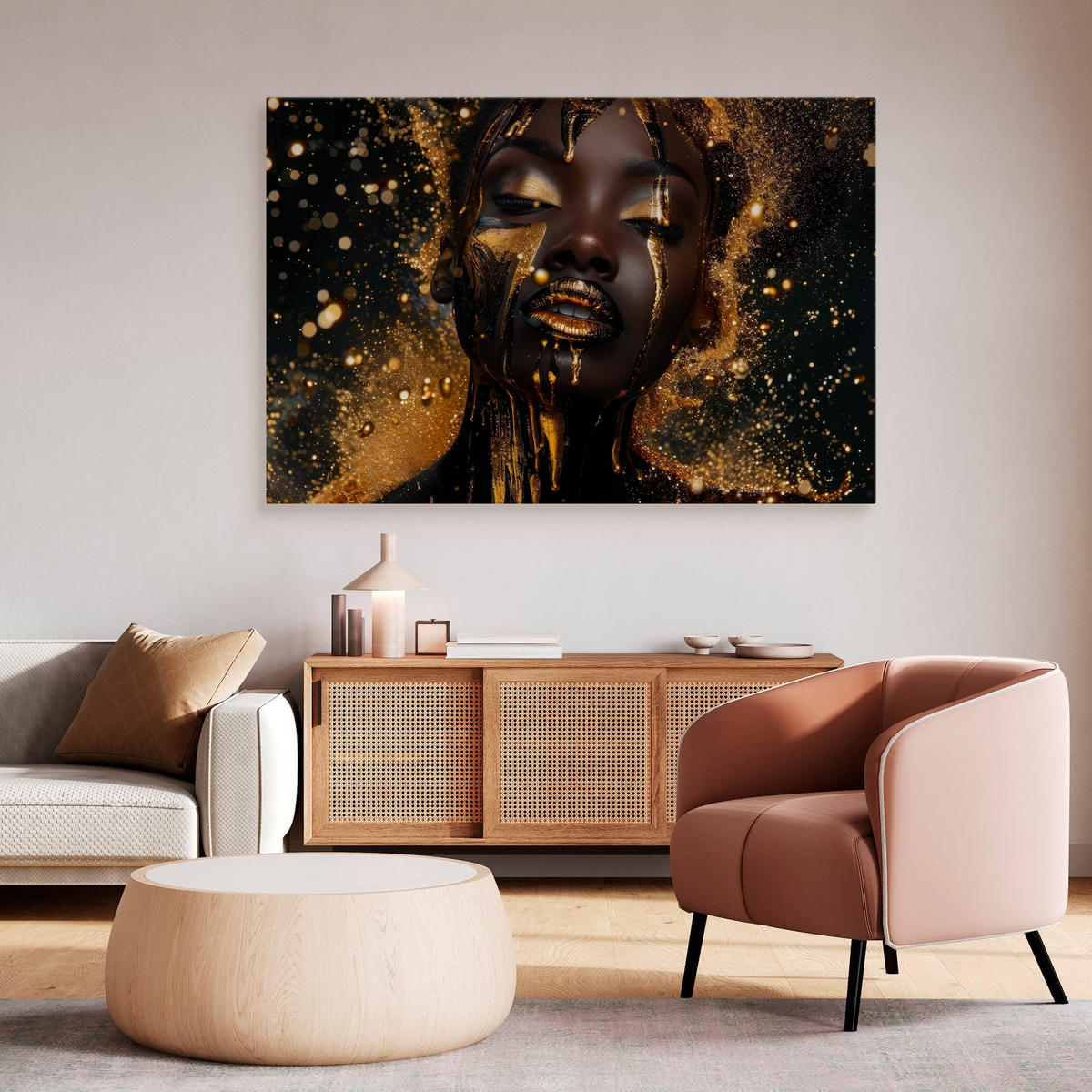 LEINWANDBILD für Wohnzimmer Porträt Frau Abstraktion Glamour 90cm x 60cm - Beige/Schwarz, Textil (90/60cm) - Muralo