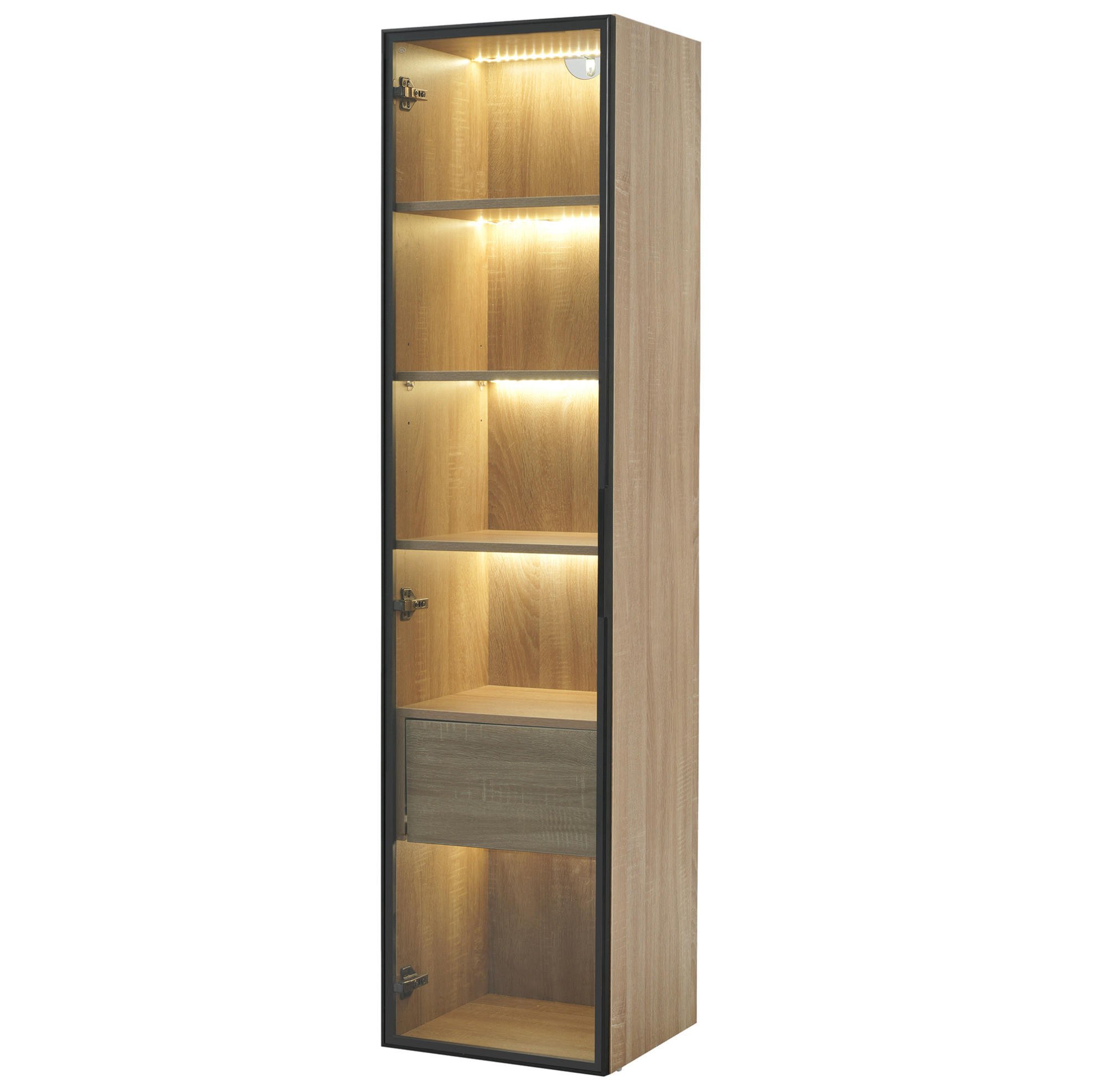 HOCHSCHRANK 40 cm aus MDF mit Lichtleiste und Glastür Naturfarben - Naturfarben, Holzwerkstoff (40/165/34.5cm) - Modenvie