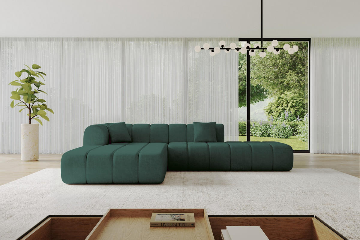 ROHOVÁ SEDAČKA s otomanem, levá BILA-L 289x176x71 Zelená Velur - černá/jadeitově zelená, kompozitní dřevo/textil (176/289cm) - ALTDECOR
