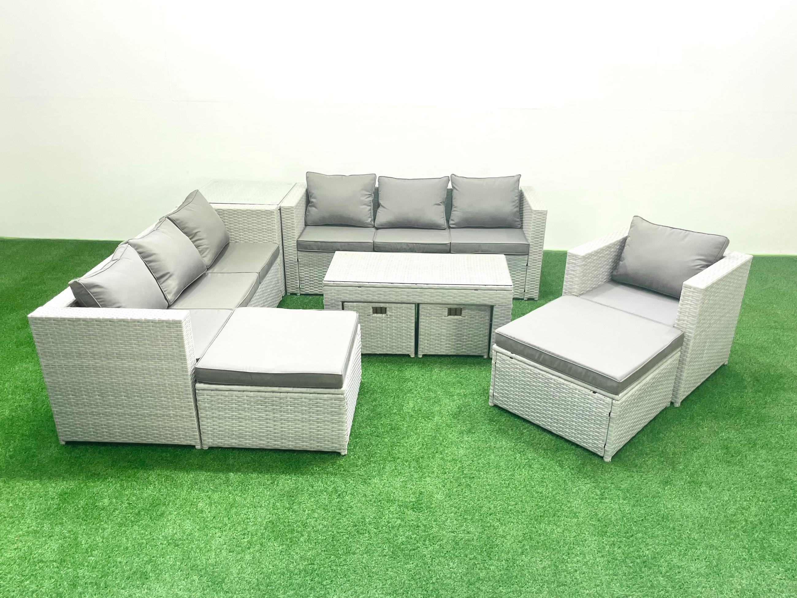 BALKONMÖBEL-SET Polyrattan Hellgrau-Mix 11-teilig - Hellgrau/Grau, Glas/Kunststoff - Fimous