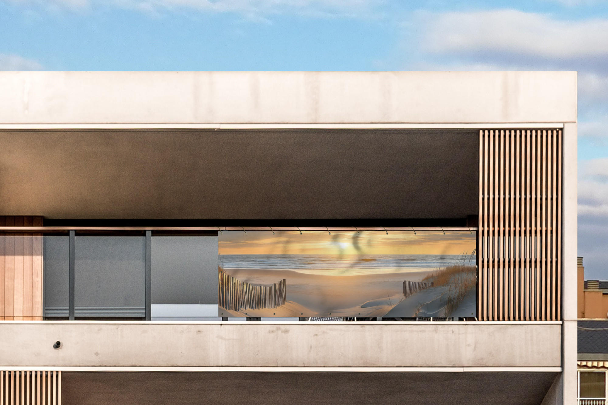 BALKON-SICHTSCHUTZ Strand - Dünen - Sonnenuntergang 300x95 cm - Sandfarben, Kunststoff (300/95cm) - MuchoWow