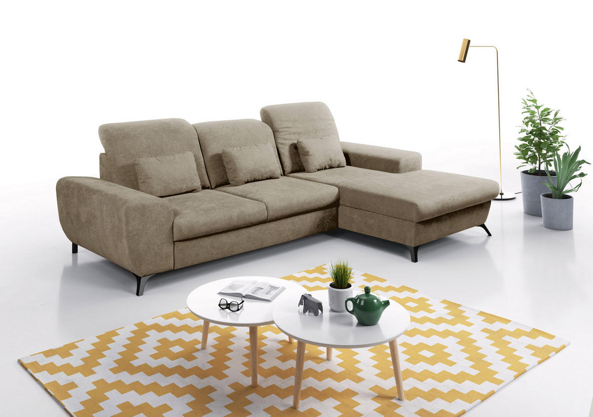 ECKSOFA LUCE R-S Beige Plüsch-Stoff mit Schlaffunktion - Beige, Holz (279/172cm) - MASSENO