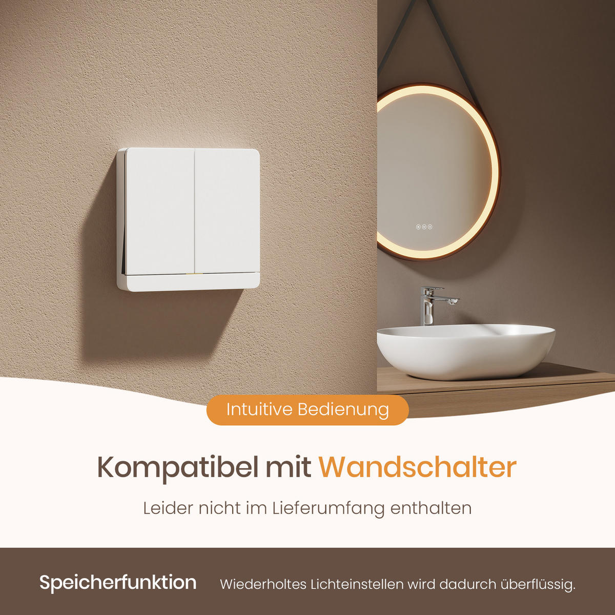 BADSPIEGEL mit Touch-Schalter Beleuchtung mit Hängeriemen Schwarz ф70 cm - Schwarz, Glas (70/3.5/70cm) - EMKE