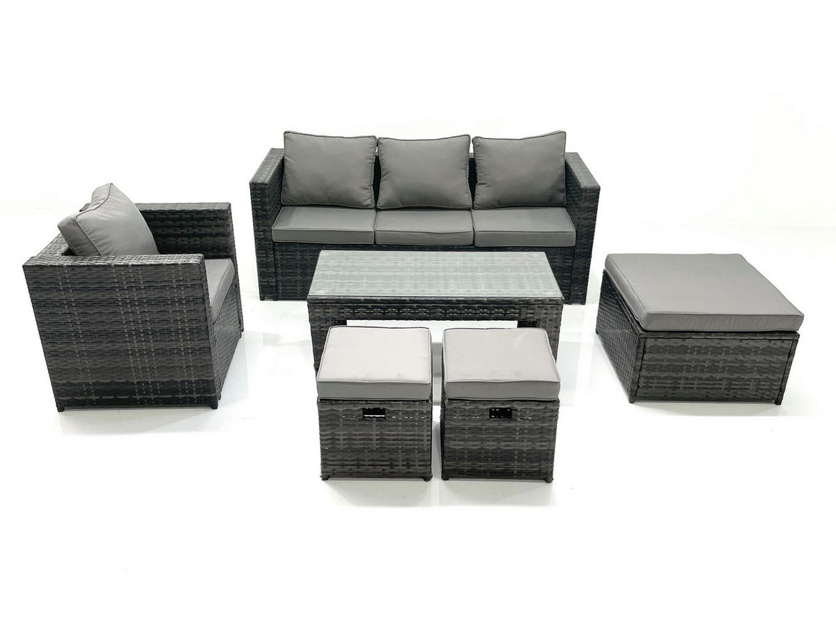 GARTENMÖBEL-SET COUCHTISCH SESSEL SOFA mit HOCKER Polyrattan Dunkelgrau Gemischt 7-Sitzer - Dunkelgrau/Grau, Glas/Kunststoff - Fimous