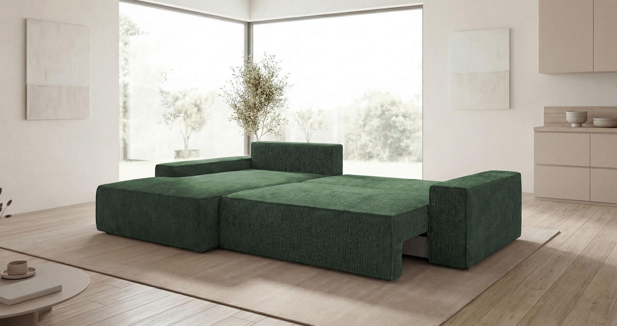 ECKSOFA VERONA links grün Cord Poso 14 - Schlaffunktion, Bettkasten - Grün, Textil (280/185cm) - Cornero