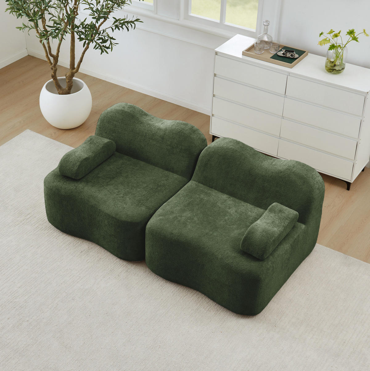 2MÍSTNÁ modulární pohovka zelená z sametu s vlnitým tvarem a hlubokým sezením - zelená barva, textil (98/70/192cm) - OKWISH