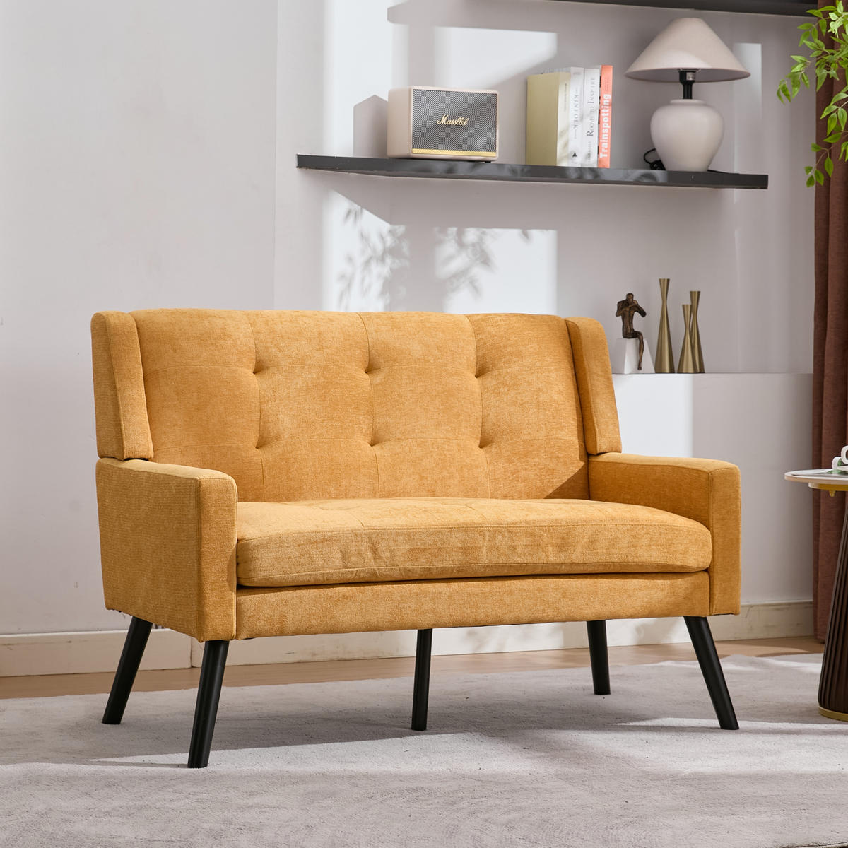 SITZBANK 2-Sitzer Leinenbezug mit Tufting, Massivholzbeinen 119/75/88 cm Gelb - Gelb, Textil (75/88/119cm) - Redom