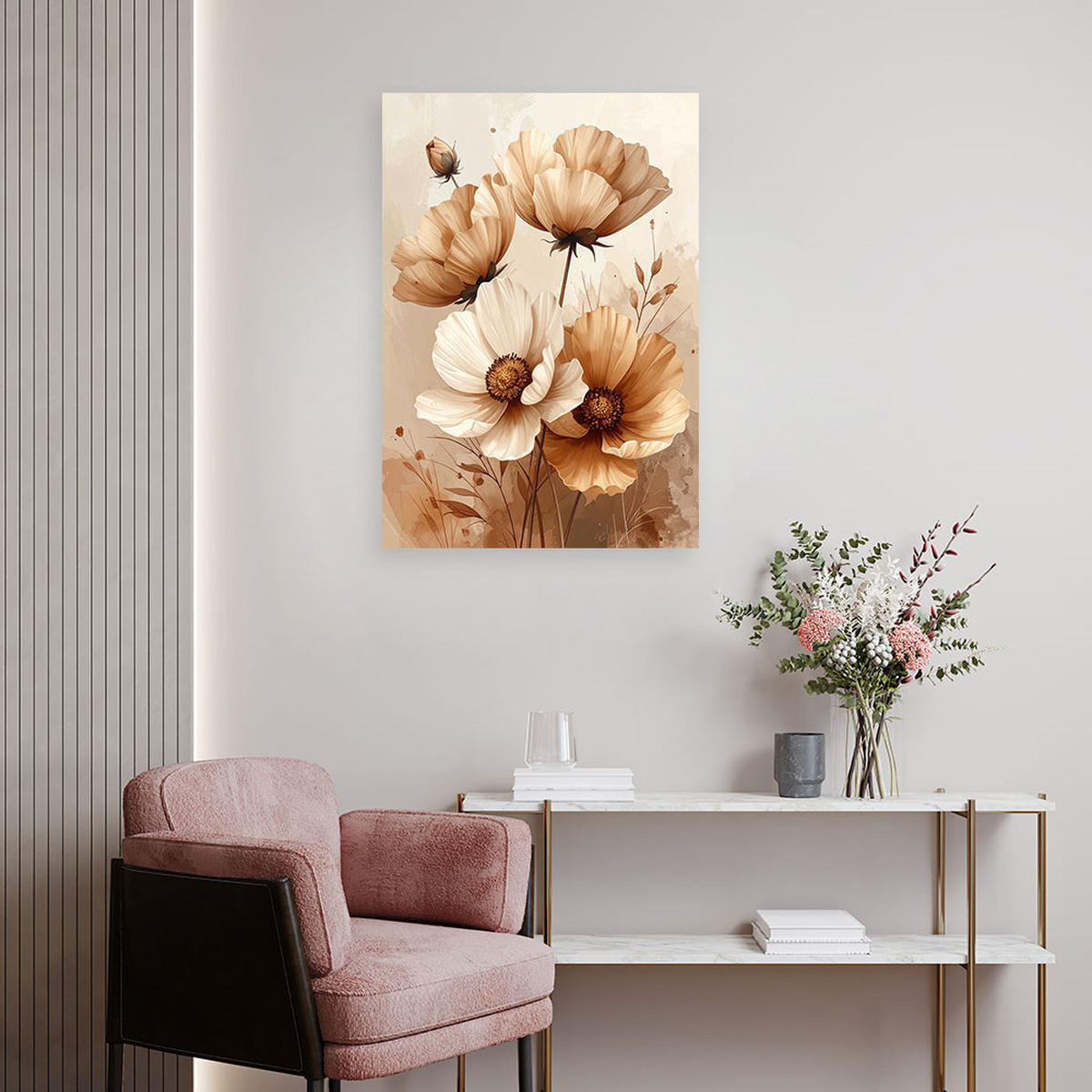 LEINWANDBILD, Beigefarbene Mohnblumen in einer zarten botanischen Komposition - Braun, Textil (20/30cm) - Feeby