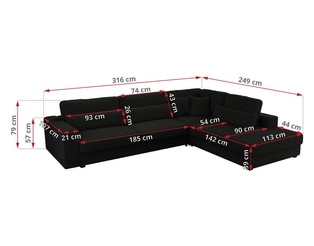 ECKSOFA Savona Schwarz Boucle - rechts - Schwarz, Kunststoff/Textil (249/316cm) - MKS