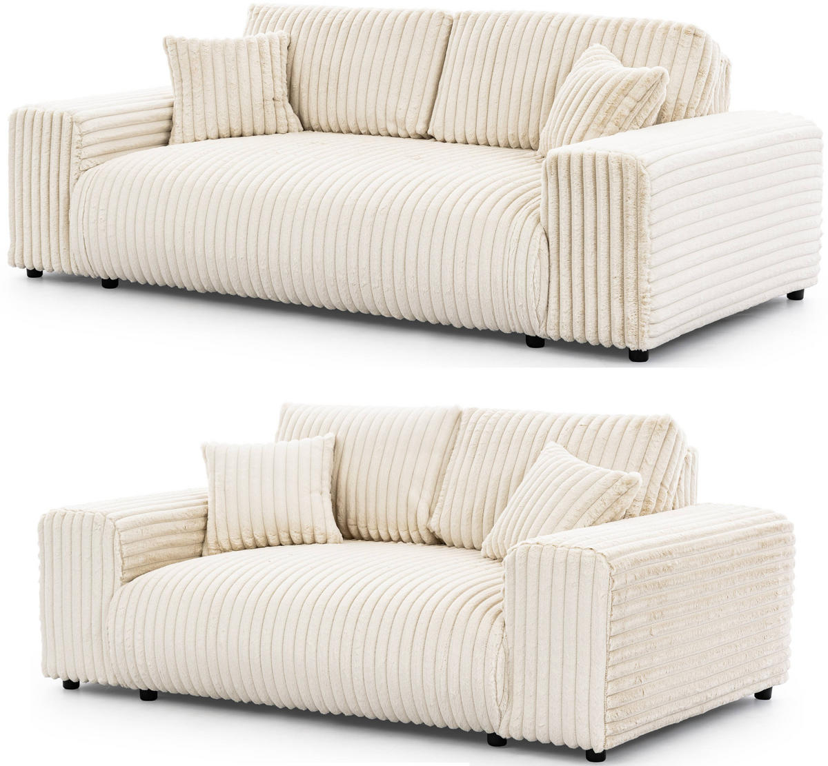 SITZGARNITUR 3+2 Mollis Hellbeige Plüschcord - Beige/Schwarz, Holz/Kunststoff (213/79/108cm) - S-Style Möbel