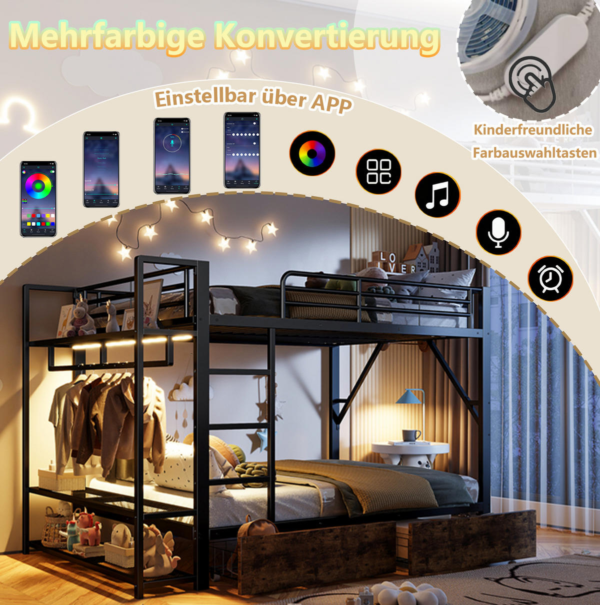ETAGENBETT aus Metall und MDF 140x200 cm Schwarz mit LED-Lichtleiste, 2 Schubladen, Regalen und Kleiderstange - Schwarz, Metall (140/200cm) - Modfu