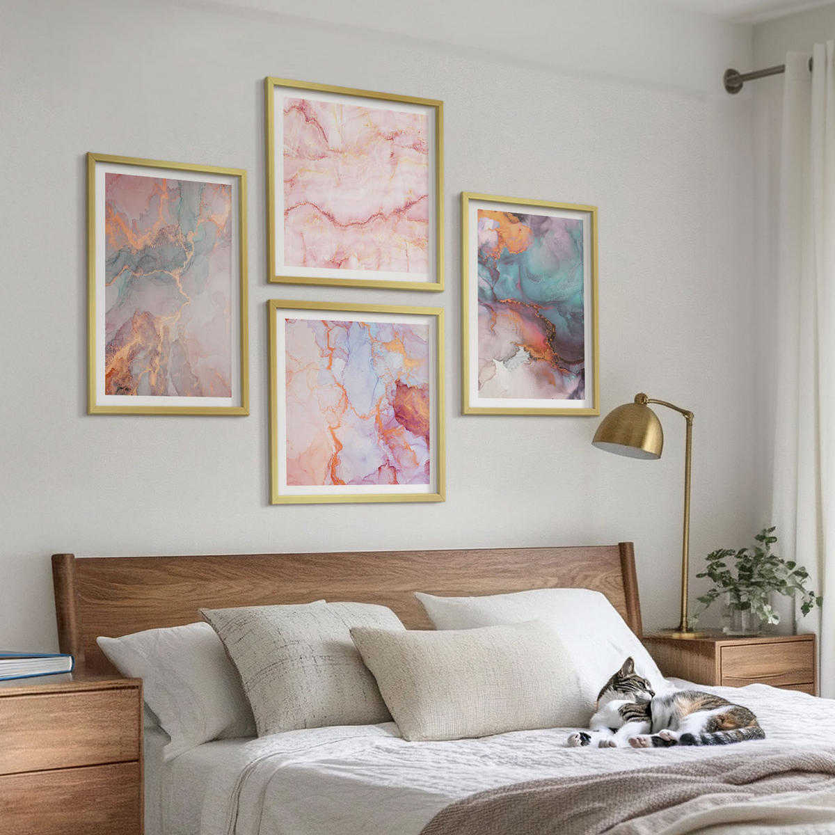 BILDER SET 4er Set - 50x50 cm & 40x60 cm Goldrahmen - Abstrakte Pastellmuster - Goldfarben, Kunststoff (50/50cm) - TULUP