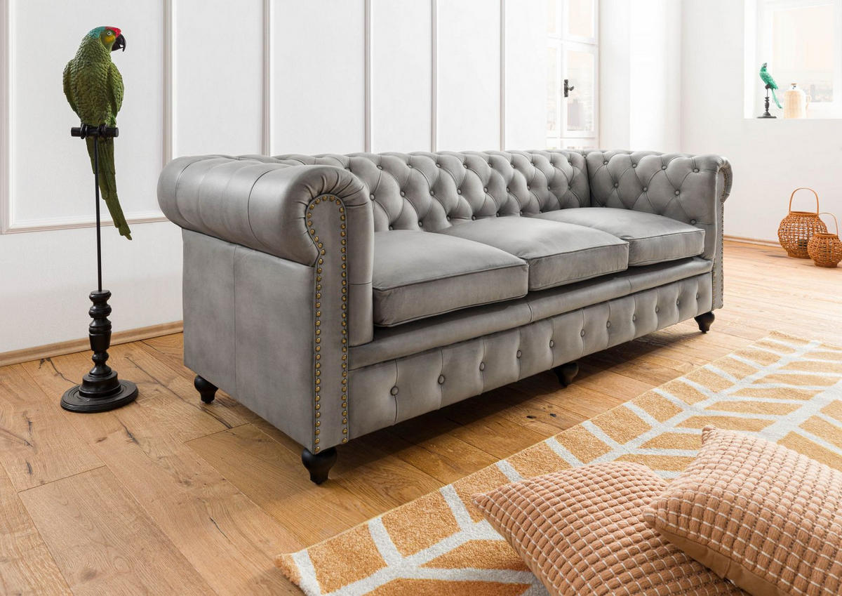 SOFA 3-Sitzer Echtleder 216x82x75 grau CHESTERFIELD #203 - Grau, Leder (216/75/82cm) - Massivmoebel24