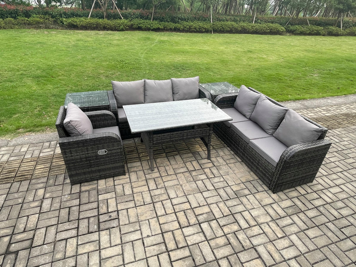 GARTENTISCHGRUPPE mit 2 Beistelltischen Polyrattan Dunkelgrau 7-Sitzer - Dunkelgrau/Grau, Glas/Kunststoff - Fimous