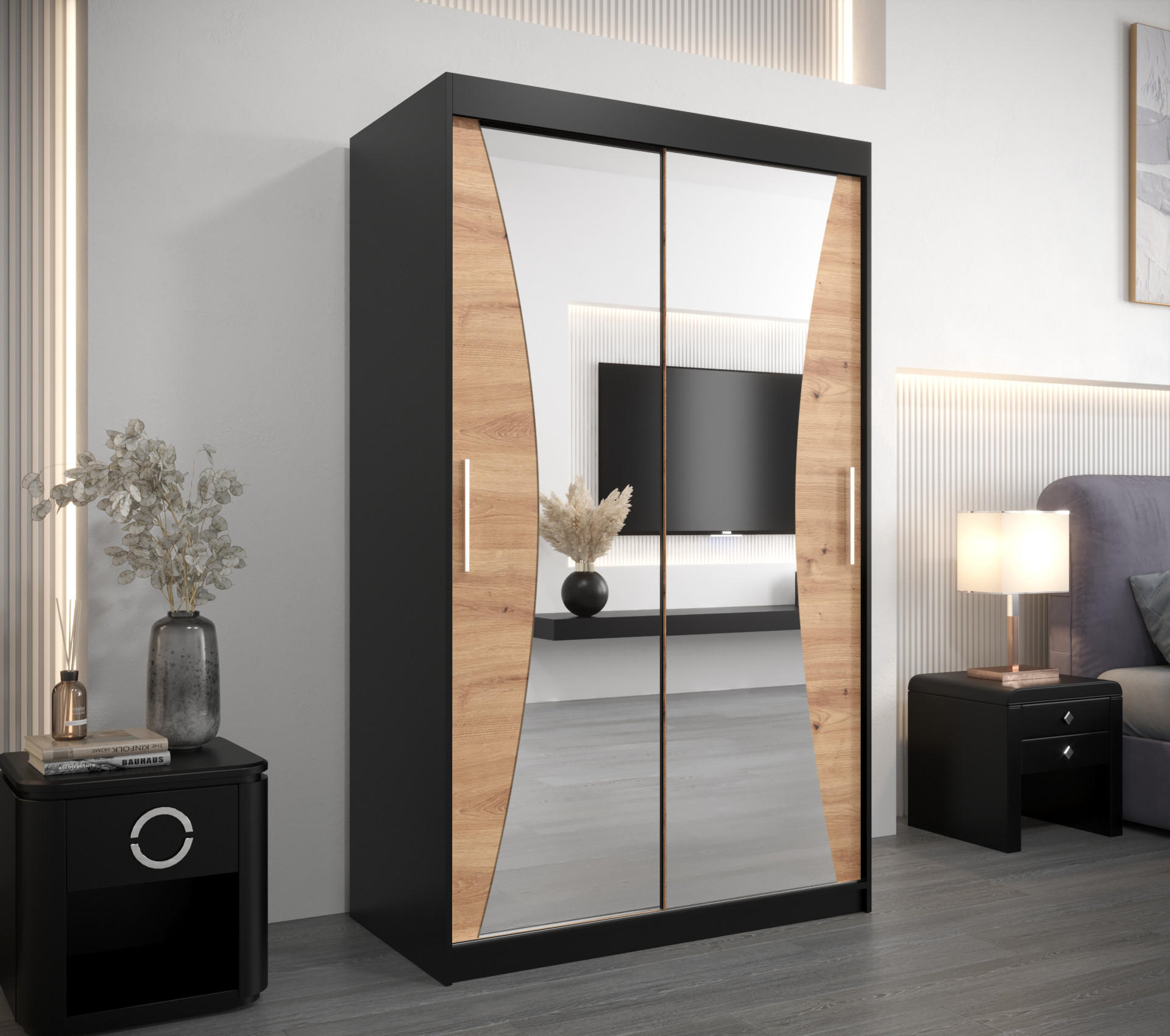 SCHWEBETÜRENSCHRANK 200/120/62 2-türig - Silberfarben/Schwarz, Holz/Kunststoff (120/200/62cm) - Abiks Möbel