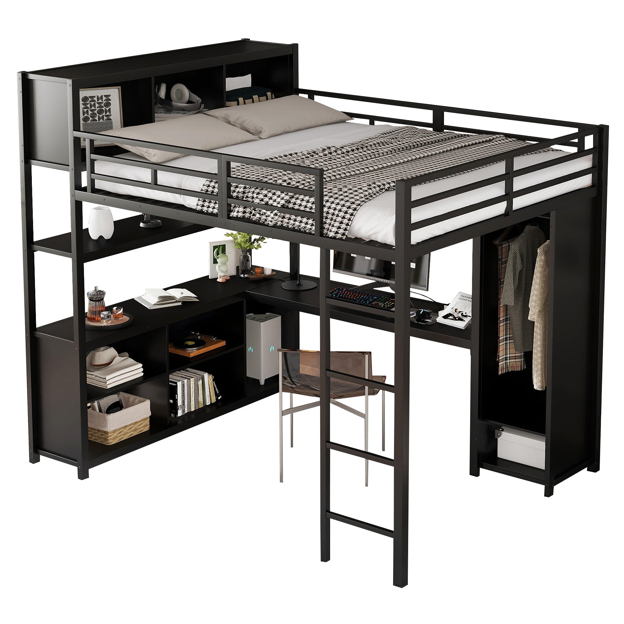 HOCHBETT 140x200 cm Schreibtisch Schrank schwarz - Schwarz, Metall (140/200cm) - LEBENLANG