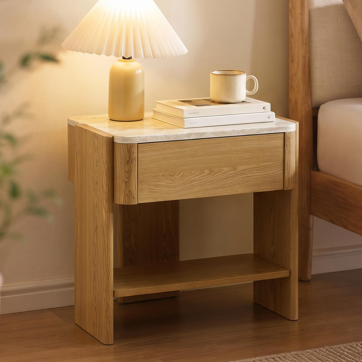NACHTTISCH Modern mit Marmoroptik, Eiche, MDF | B55 x T40 x H53 cm - Eichefarben, Holz (55/53/40cm) - Hometopia