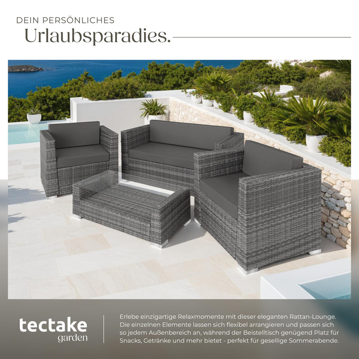 RATTANLOUNGE München,mit Sicherheitsglasplatte,grau - Grau, Kunststoff - tectake
