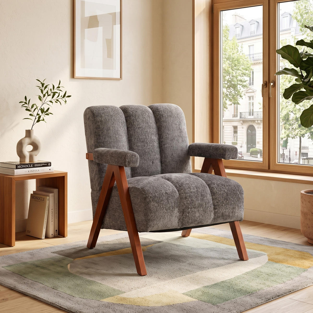 SESSEL Bouclé mit Massivholz-Rahmen Armlehnenstuhl - Grau, Textil (77/77/68.5cm) - Urban Meuble