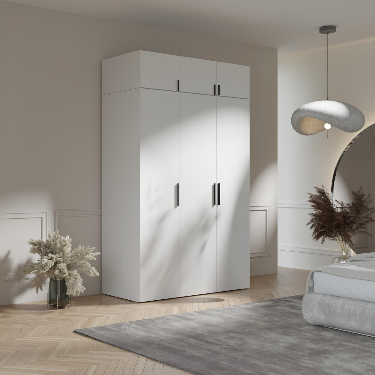 AUFSATZ für Schrank Napoli 3D 150 Weiß (schwarzer oder goldener Griff) - Silberfarben/Schwarz, Holzwerkstoff/Kunststoff (150/35/60cm) - mzm24